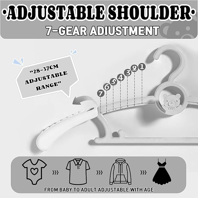 HGYZE Kid Hangers for Closet 50pcs, Grey Infant Clothes Hanger 11-14" Adjustable Plastic Baby Coat Perchas with Bear Hook, Non-Slip Children Outfit Hangars for Girl Boy Toddler Newborn Teen Clothing