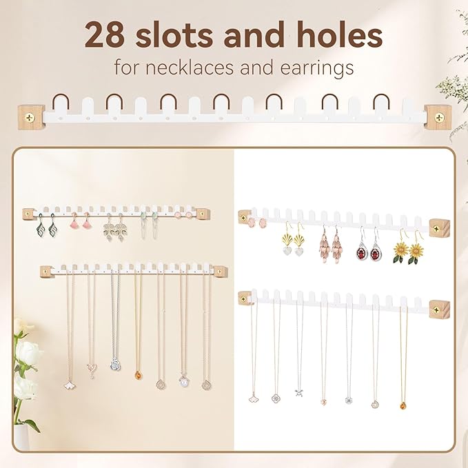 Wall Necklace Holder Hanging Jewelry Organizer 2 Pack Metal Necklace Organizer, Space-saving Jewelry Display for Necklaces & Earrings, Screws Included,White