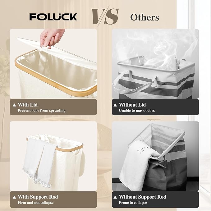 Foluck Slim Laundry Hamper, 60L Waterproof Narrow Laundry Basket with Lid and Removable Bag, Collapsible Tall Clothes Hamper with Bamboo Handles for Clothes Toys in Dorm Bedroom Bathroom, Beige