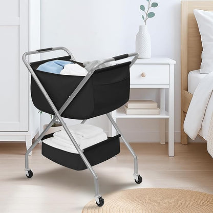 STORAGE MANIAC Collapsible Laundry Cart with Wheels 31.5"H Rolling Laundry Hamper Clothes Basket with Wheels, Canvas Liner Sturdy Steel Frame Folding for Small Narrow Space Easy Storage, Black