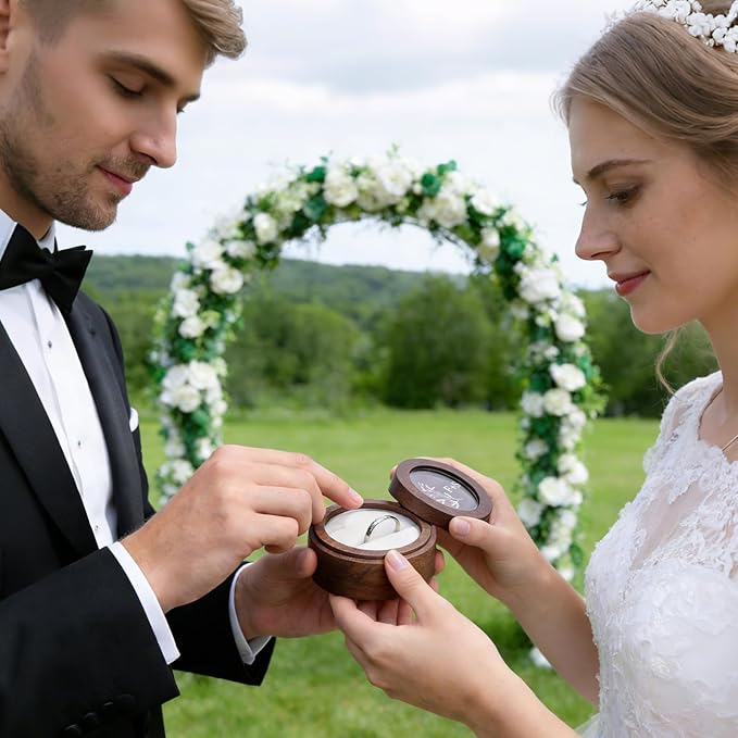 Personalized Ring Box Wedding Day（1-2 slots, Wooden Small Ring Boxes Holder, FREE Custom Name Clear Acrylic Cover, Elegant Round Rings Case for Wedding, Engagement Proposal,Ceremony