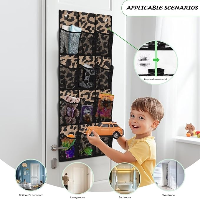 Brown Behind Door Organizer 12 Pockets Over The Door Organizer for Closet Leopard Multi-Pocket Organizer Easy to Install Shoe Holder Hanger for Dorm
