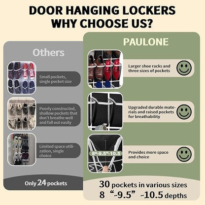 PAULONE Over the Door Organizer with 30 Large Pockets, 3 Sizes of Closet Hangers, Holds up to 69 lbs, Hanging Organizer with Clear Window for Children's Toys, Shoes, Diapers (Black)