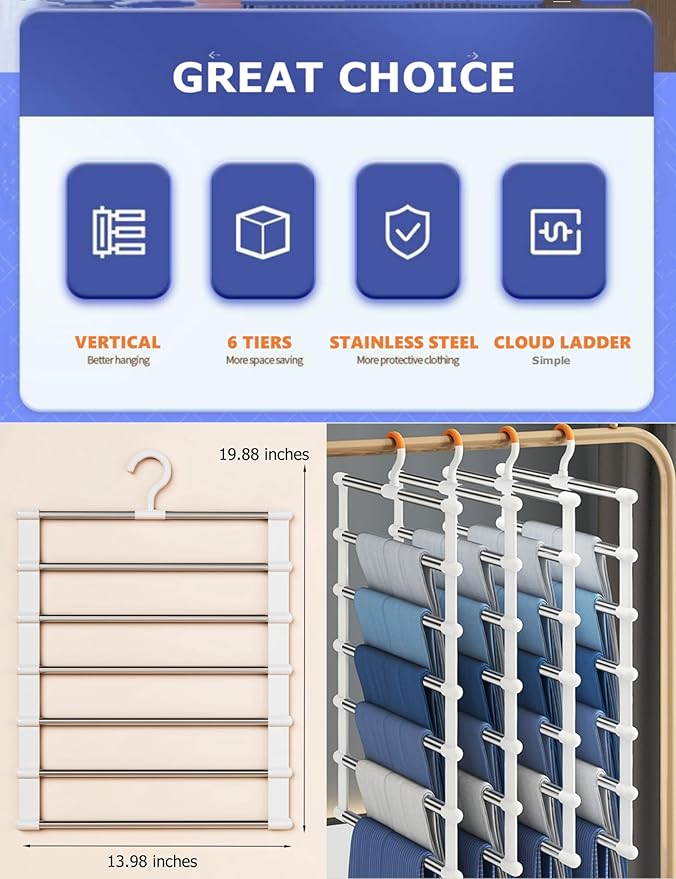 SEVEN LUCKY LIGHT 6 Tier Pants Hangers Space Saving up to 80%, 3 Packs Cloud Ladder Vertical Hangers for Pants, Leggings, Organizers for Apartment & Small Wardrobe Storage, Dorm Room Essentials
