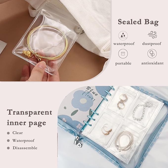 Jewelry Organizer Travel,Jewelry Storage Book with 45 Portable thick PVC pouches,Jewelry Organizer Zipper Bags for Necklaces Bracelet Rings and Earrings (front cover removable),Blue