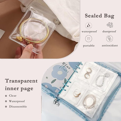 Jewelry Organizer Travel,Jewelry Storage Book with 45 Portable thick PVC pouches,Jewelry Organizer Zipper Bags for Necklaces Bracelet Rings and Earrings (front cover removable),Blue
