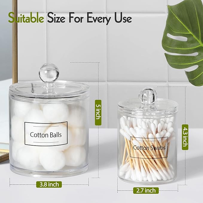 3 Pack Qtip Holder Dispenser for Cotton Ball, Cotton Swab, Cotton Round Pads, Floss - 20OZ & 10 oz Clear Plastic Apothecary Jar Set for Bathroom Canister Storage Organization, Vanity Makeup Organizer