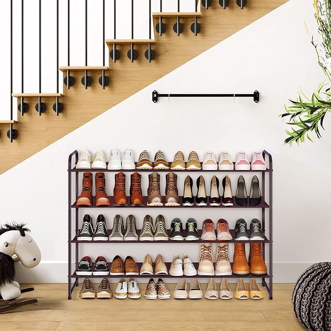 KIMBORA 4 Tier Long Shoe Rack for Closet, Wide Shoe Storage Organizer Stackable Sneaker Shelf for Floor, Bedroom 30 Pairs (Bronze)