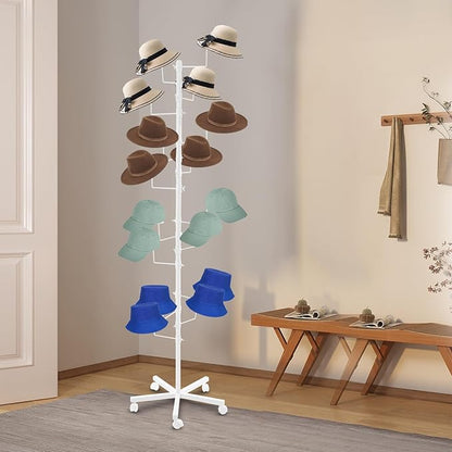 Hat Rack with 16 Circular Hooks, Metal Hat Display Stand, Freestanding Rotating Hat Stand, Adjustable Large Hats Display Rack, Modern Floor Wig Rack for Home Retail Store (White)