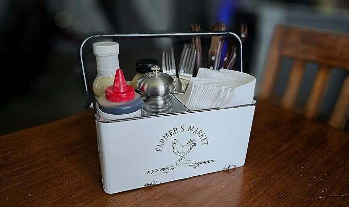 Distressed White Rustic Metal Silverware Caddy Utensil Holder with 6 Compartments & Napkin Slot – Portable for Parties, Picnics, Countertop & Kitchen