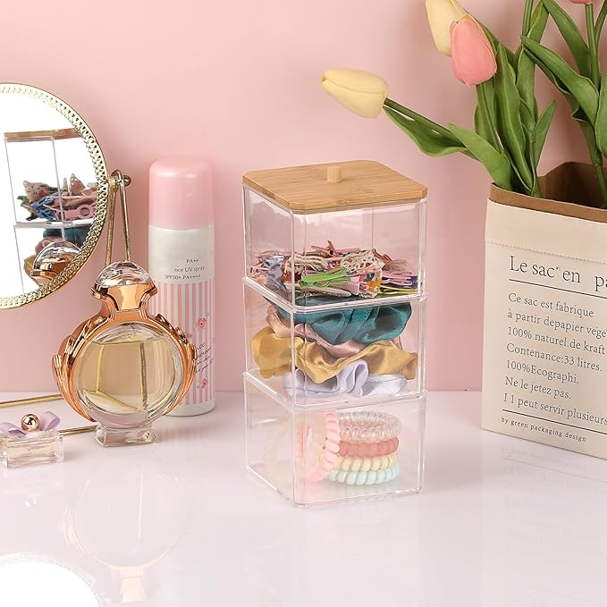 Hipiwe 3 Tiers Acrylic Cotton Swab Organizer Clear Qtip Holder with Lid Stackable Bathroom Accessories Storage Box for Office Living Room Bathroom, 3.7 x 3.5 x 7.8 Inch