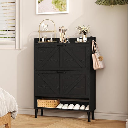 HOMEFORT Shoe Storage Cabinet for Entryway, 30" Freestanding Organizer with Two Flip Drawers, Narrow Hidden Shoe Rack with Wood Legs, Farmhouse Shoe Cabinet for Front Door Entrance,Black