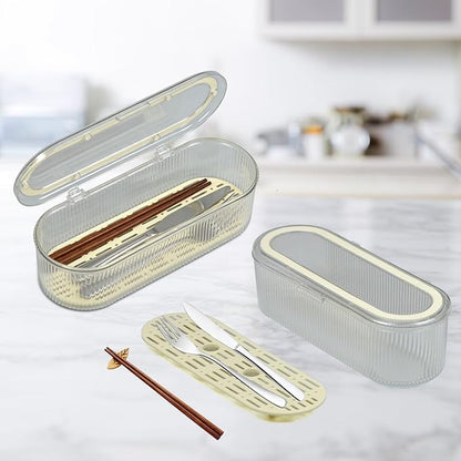 Silverware Storage Container with Lid and Drain,Clear Covered Cutlery Tray for Kitchen Drawers and Countertops Organizing Cutlery and Kitchen Gadgets