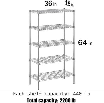 18" Deep x 36" Wide x 64" Height Wire Shelving Kit | 5-Tier | NSF Commercial Storage Rack Unit