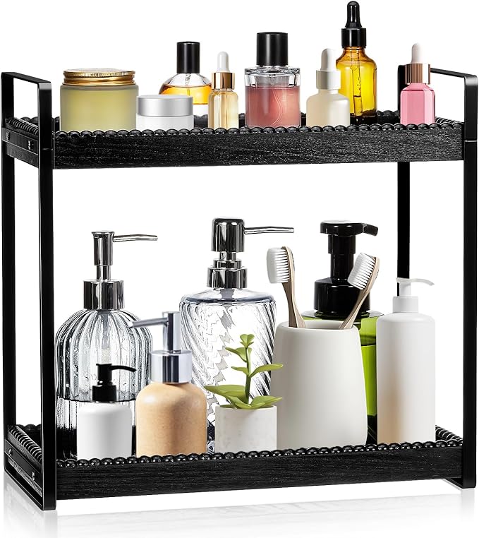 DoubleFill Bathroom Countertop Organizer, 2 Tier Wood Bead Vanity Organizer Tray for Bathroom Cosmetic Skincare Perfume Kitchen Coffee Station Organization(Black,Classic)