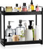 DoubleFill Bathroom Countertop Organizer, 2 Tier Wood Bead Vanity Organizer Tray for Bathroom Cosmetic Skincare Perfume Kitchen Coffee Station Organization(Black,Classic)