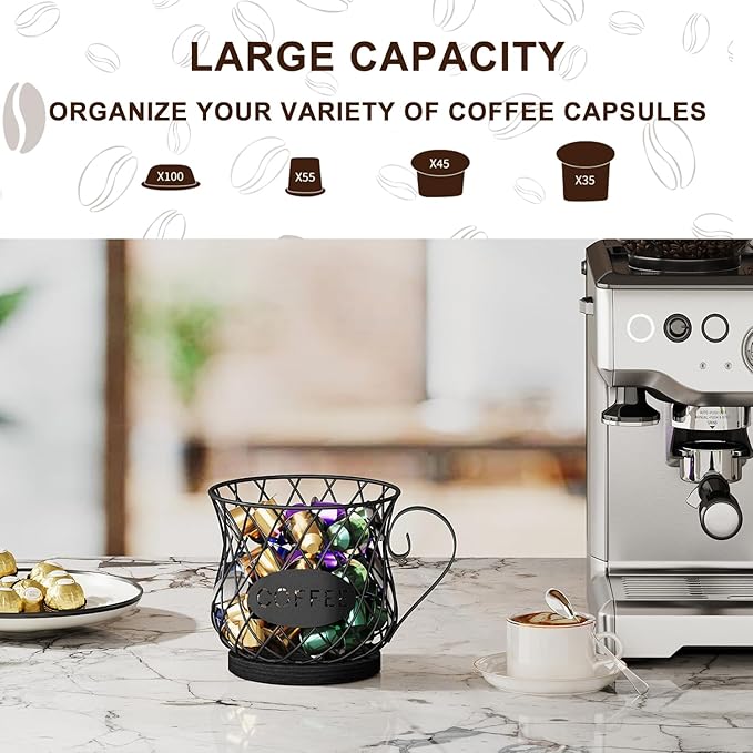 YINMIT K Cup Holder Organizer, Sturdy Coffee Pod Holder Organizer, 35 Kcup Large Capacity Storage Basket for Kitchen Counter and Office Desktop (Black-Circular with Handle)