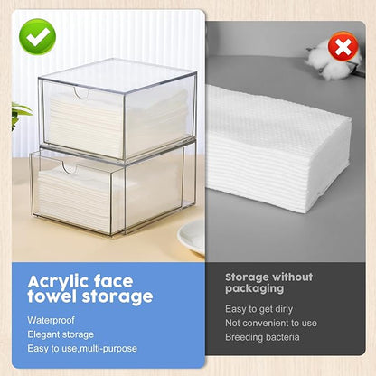 Rainmae 2 Pack Disposable Face Towel Holder, Face Towel Storage Box, Stackable Clear Makeup Organizer with Drawer for Clean Skin Club Face XL Towels Holder for Vanity Bathroom and Makeup Organization