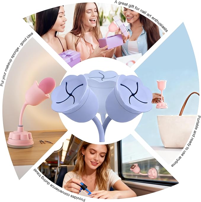 Nail Polish Bottle Holder Stand, 360° Rotating Silicone Nail Polish Case Organizer with Strong Adhesion Base, Rose-Shaped Anti-Spill Rack for Nail Art DIY (Blue)
