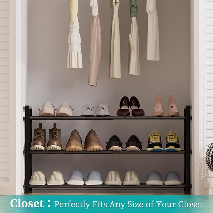 EKETE Expandable Shoe Rack,Adjustable and Stackable 3-Tier Shoe Rack Organizer, Shoe Rack for Closet,Small Shoe Rack,Metal Free Standing Shoe Rack for Entryway,Hallway,Closet Shoe Storage