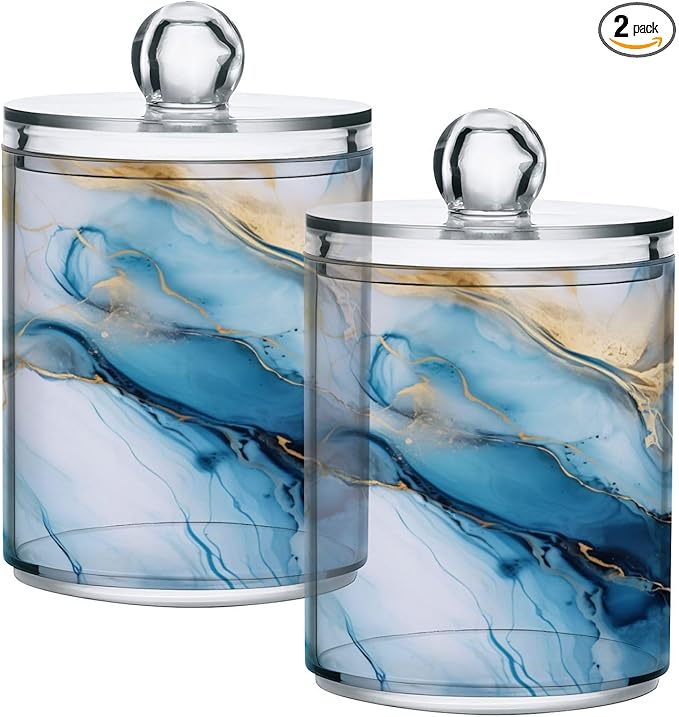 2 Pack Qtip Holder Dispenser for Cotton Ball Gold Marble Blue Fluid Marble Swab Round Pads Clear Plastic Acrylic Jar Set Bathroom Canister