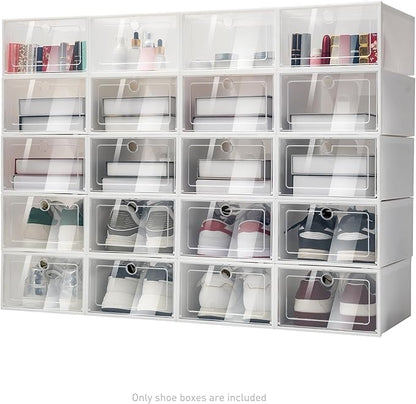 20 Pcs Shoe Box, Clear Plastic Stackable Shoe Storage Organizer, Foldable Heavy Duty Shoe Containers for Closet Apartments Small Spaces Dorm Bedroom, 12.9 x 8.8 x 5.5 Inches