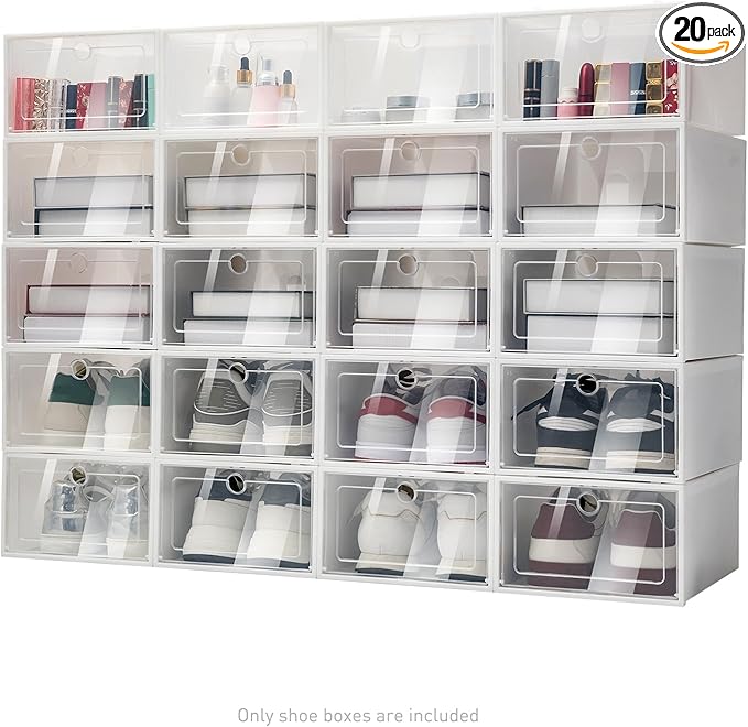 20 Pack Shoe Storage Box, Shoe Organizer for Closet Shoe Boxes Clear Plastic Stackable Sneaker Storage with Lids Clear Shoe Boxes Shoe Storage Organizer for Home and Family (Round Hole)