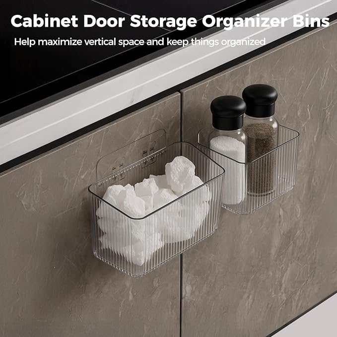 8 PCS Cabinet Door Organizer Bins, Clear Plastic Hanging Storage Baskets with Adhesive Hooks, Wall Mount Organizer for Bathroom, Fridge, Kitchen Pantry, Under Sink and Drawer, With Drain Holes