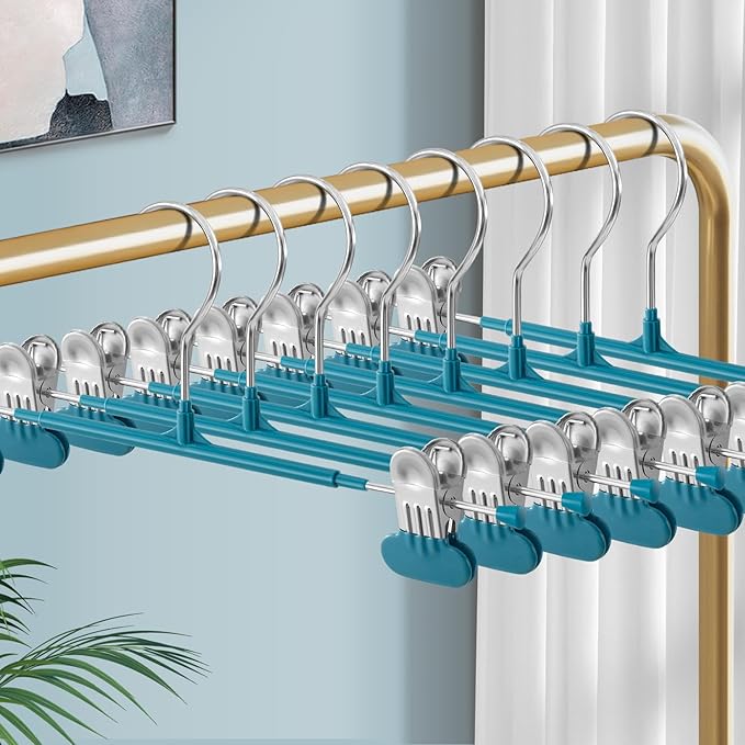 14Inch Clothes Pants Hangers with WideClips 10 Pack,Non-Slip Adjustable Skirt Hanger for Women,Space-Saving Heavy Duty Men Hangers for Pants,Trousers,Jeans,Shorts,Blue