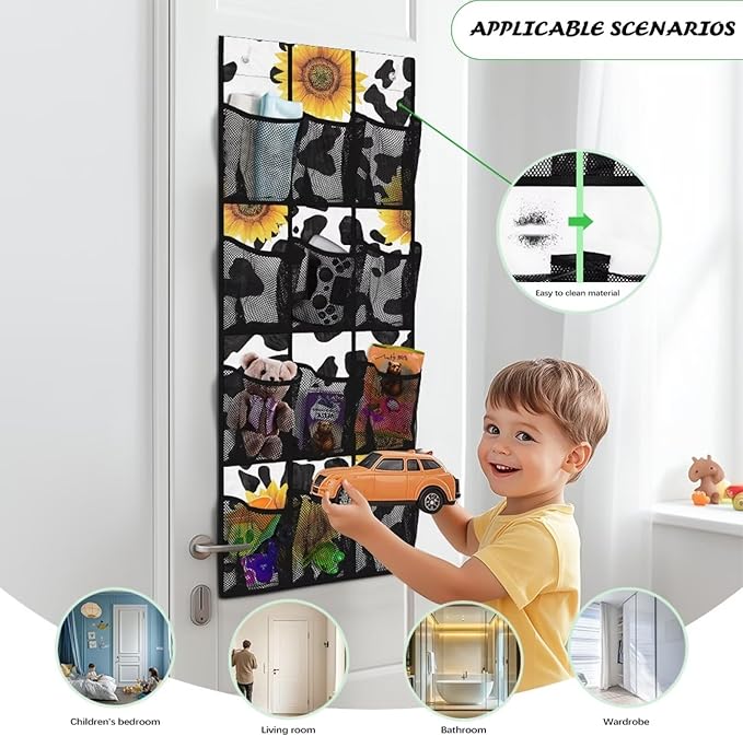 Cow Print Sunflower Over The Door Hanging Storage Pockets Space Saving Door Storage Organizer with 12 Breathable Pockets for Bedroom Bathroom