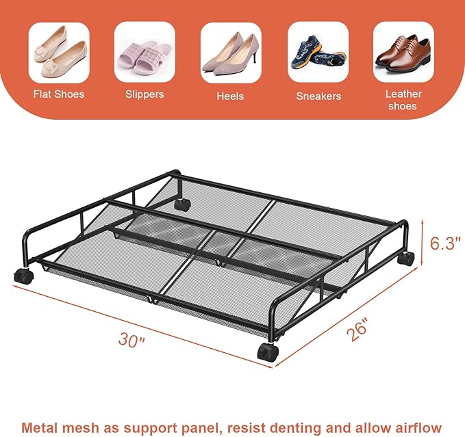 Under Bed Shoe Storage Organizer, 2 Pack Metal Mesh Under Bed Storage Containers with Wheels, Shoe Organizer Drawer Space Saving for Bedroom