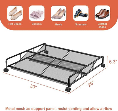 Under Bed Shoe Storage Organizer, Metal Mesh Under Bed Storage Containers with Wheels, Shoe Organizer Drawer Space Saving for Bedroom, 1 Pack