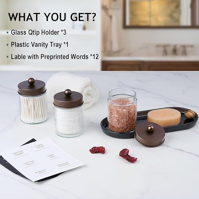 SheeChung 3-Pack Glass Apothecary Jars with Acrylic Vanity Tray - Bathroom Organizer Set for Qtip, Cotton Ball, Floss Picks - Vintage Style Bathroom Accessories Storage Canister (Bronze)