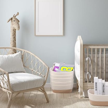 Sawysine 6 Pcs Storage Baskets Bulk for Organizing Cotton Rope Woven Basket with Handles for Gift Cloth Shelves Blanket Toys Living Room(Khaki and White)