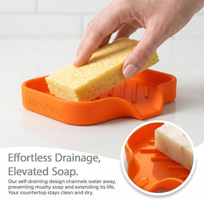 MicoYang Silicone Bathroom Soap Dishes with Drain Spout-Bathroom and Kitchen Sink Organizer,Sponge Holder,Dish Soap Tray,Perfect for Dispenser,Scrubber,Bottle,Cup on Sink or Counter-Orange 4.9"×3.2"