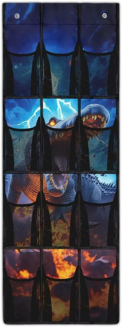 Cool Dinosaur Over The Door Organizer with 12 Large Mesh Pockets, Heavy Duty Oxford Fabric Shoe Rack for Closet, Space Saving Storage for Kids Room Toys & Shoes