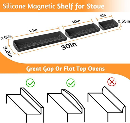 Foeacry Silicone Magnetic Shelf for Stove Top 30"/24"/20" for Kitchen Gadgets, Soft Flexible Strong Magnetic Heat Resistant Spice Rack Kitchen Organizer for Back of Oven