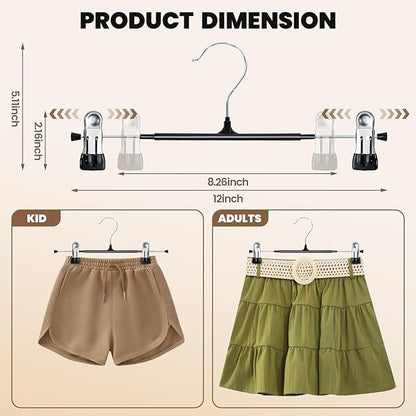 HUADYMEET 50 Pack 12Inch Pants Hangers with Clips,Metal Trouser Hanger for Jeans.Space Saving Skirt Hangers Heavy Duty Non-Slip Adjustable Clothes Shorts Hanger for Women,Men,Black