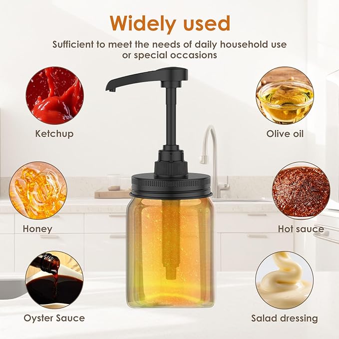 4Pcs Mason Jar Syrup Dispenser Stainless Steel Jar Syrup Dispenser Pump Lid, Honey Sauce Dispensers for 16 oz Regular Mouth, Coffee Syrups Distributor Pump Cover(Black,4Pcs)
