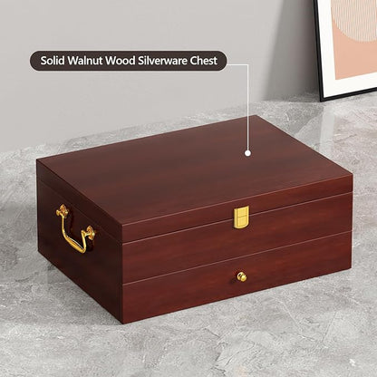 Walnut Silverware Storage Box,Silverware Flatware Case with Felt Lined,Flatware Storage Box for 12 sets of Utensils,Silverware Chest without Silverware,Silverware Organizer with Lid