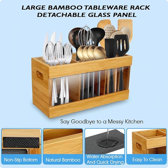2 in 1 Kitchen Utensil Holder with Over Sink Dish Drying Rack, Bamboo Utensil Holder for Kitchen Countertop – Large Cooking Utensil Organizer & Silverware Caddy with 6 Compartments with Drying Stone