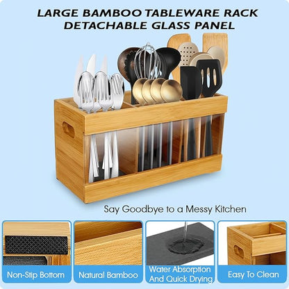 2 in 1 Kitchen Utensil Holder with Over Sink Dish Drying Rack, Bamboo Utensil Holder for Kitchen Countertop – Large Cooking Utensil Organizer & Silverware Caddy with 6 Compartments with Drying Stone