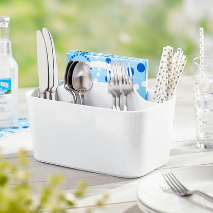 mDesign Plastic Cutlery Storage Organizer Caddy Bin Tote with Handle - Kitchen Cabinet Divided Pantry Basket for Forks, Knives, Spoons, Napkins, Indoor/Outdoor Use, Lumiere Collection, White