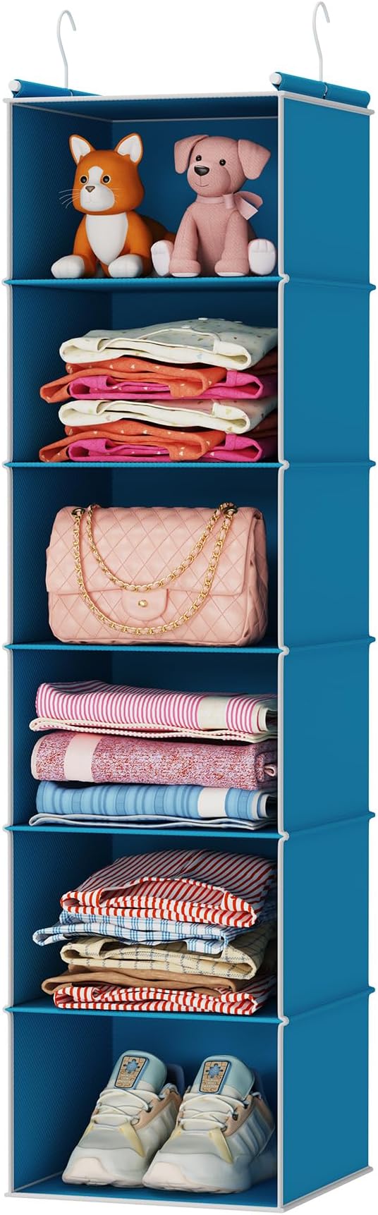 MAX Houser 6-Shelf Hanging Closet Organizer, Hanging Storage Shelves with 2 Sturdy Hooks Space-Saving for Bedroom, Foldable (Blue)