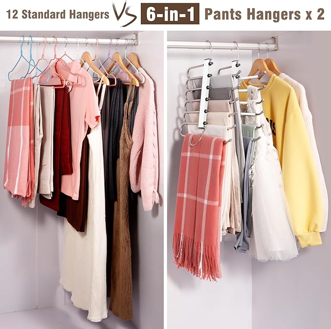 HUITEM 4 Pack 6-Tier Space Saving White Pant Hangers, Anti-Slip, Lightweight, Stainless Steel, Ideal for Closet Organization, Free Installation