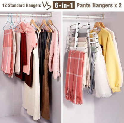 HUITEM 4 Pack 6-Tier Space Saving White Pant Hangers, Anti-Slip, Lightweight, Stainless Steel, Ideal for Closet Organization, Free Installation
