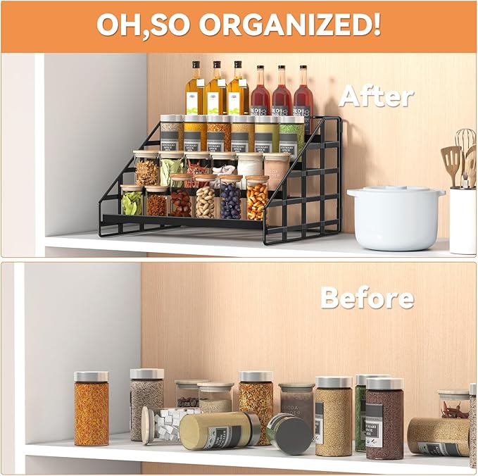 Bunoxea Spice Rack 4 Tier Kitchen Cabinet Organizer,Countertop Spice Rack,Tier Depth Adjustable Cabinet Shelf,Step Spice Organization Easy Visibility,Holds Seasoning and Condiments
