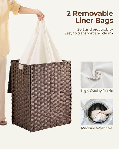 Greenstell Laundry Hamper with lid, No Install Needed, 90L Wicker Laundry Baskets Foldable 2 Removable Liner Bags, 2 Section Clothes Hamper Handwoven Rattan Laundry Basket with Handles, Brown