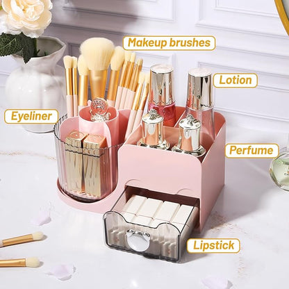 DASITON Makeup Organizer with Drawer, 360° Rotating Makeup Brush Holder, Makeup and Skincare Storage Box, Make Up Organizers for Vantiy, Desktop, Bathroom Countertop, Cosmetic Display Case (Pink)