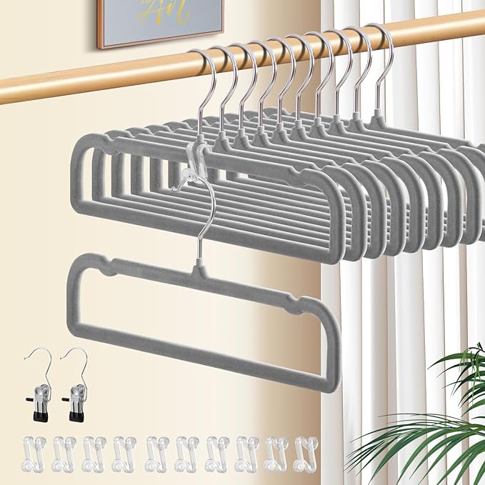 14 Inch 30 Pack Velvet Pants Hangers Non Slip,Slim Felt Jean Hangers with 10 Hooks and 2 Clips,Strong Durable Thin Space Saving Clothes Hanger with 360°Swivel Hook for Shorts,Skirts Bra(Grey)
